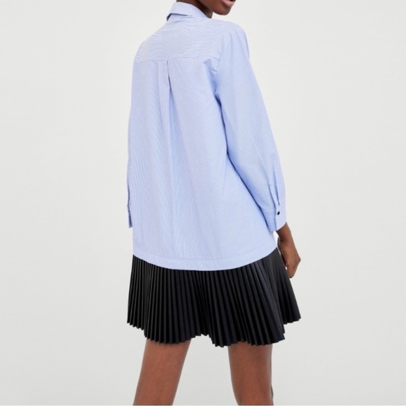 Zara NWOT Shirt Dress Blue White Stripes & Black Pleated Faux Leather Skirt XS - Picture 3 of 9